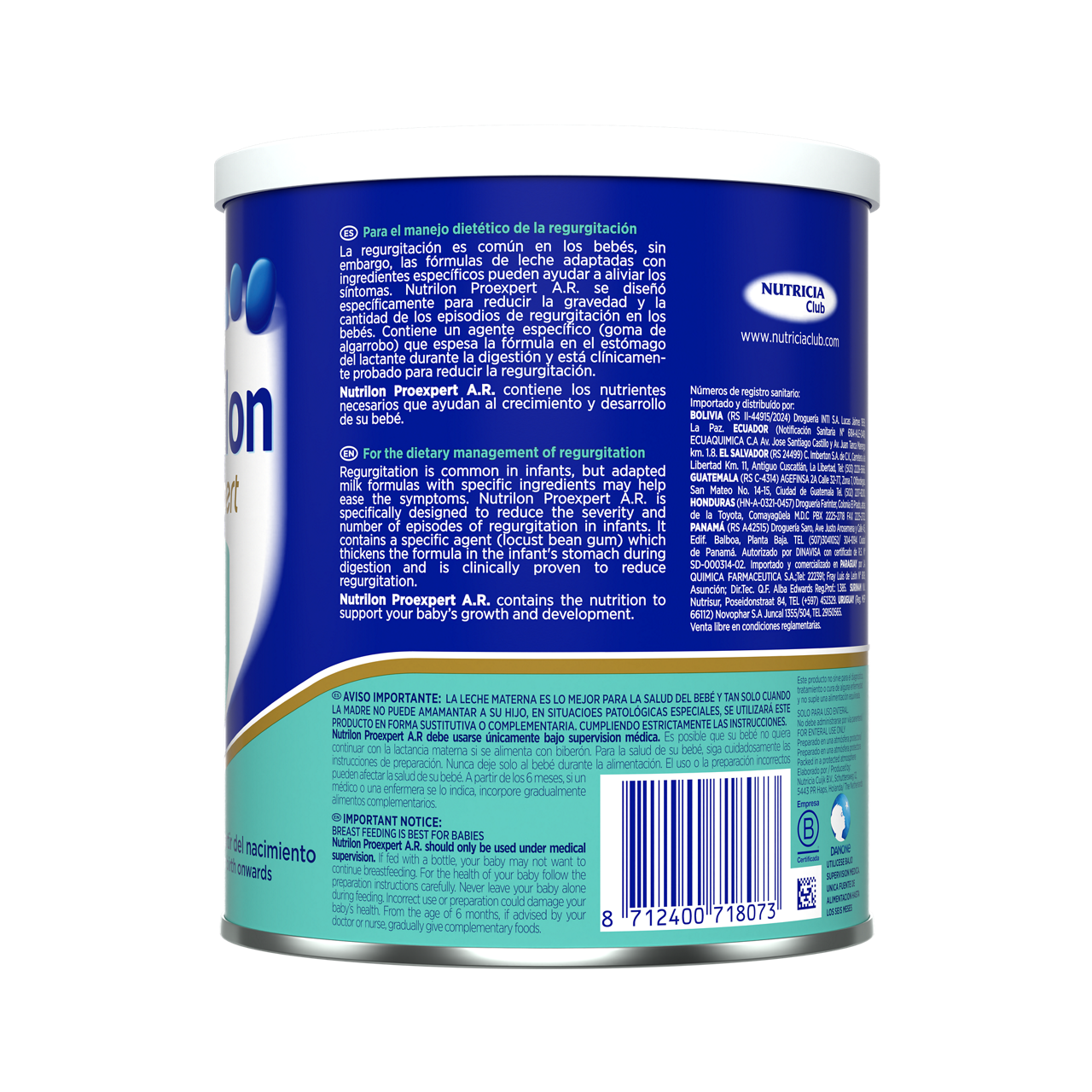 Nutrilon Proexpert AR fórmula antireflujo envase azul turquesa 400g a partir del nacimiento costado izquierdo