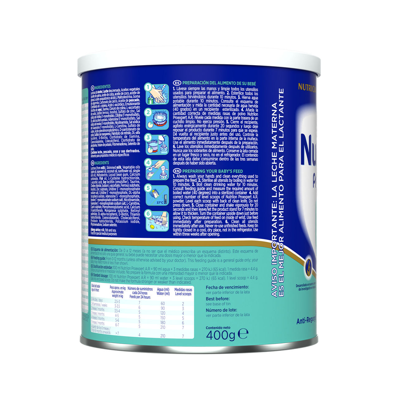 Nutrilon Proexpert AR fórmula antiregurgitación envase azul turquesa 400g recién nacido costado derecho - Nutricia Ecuador