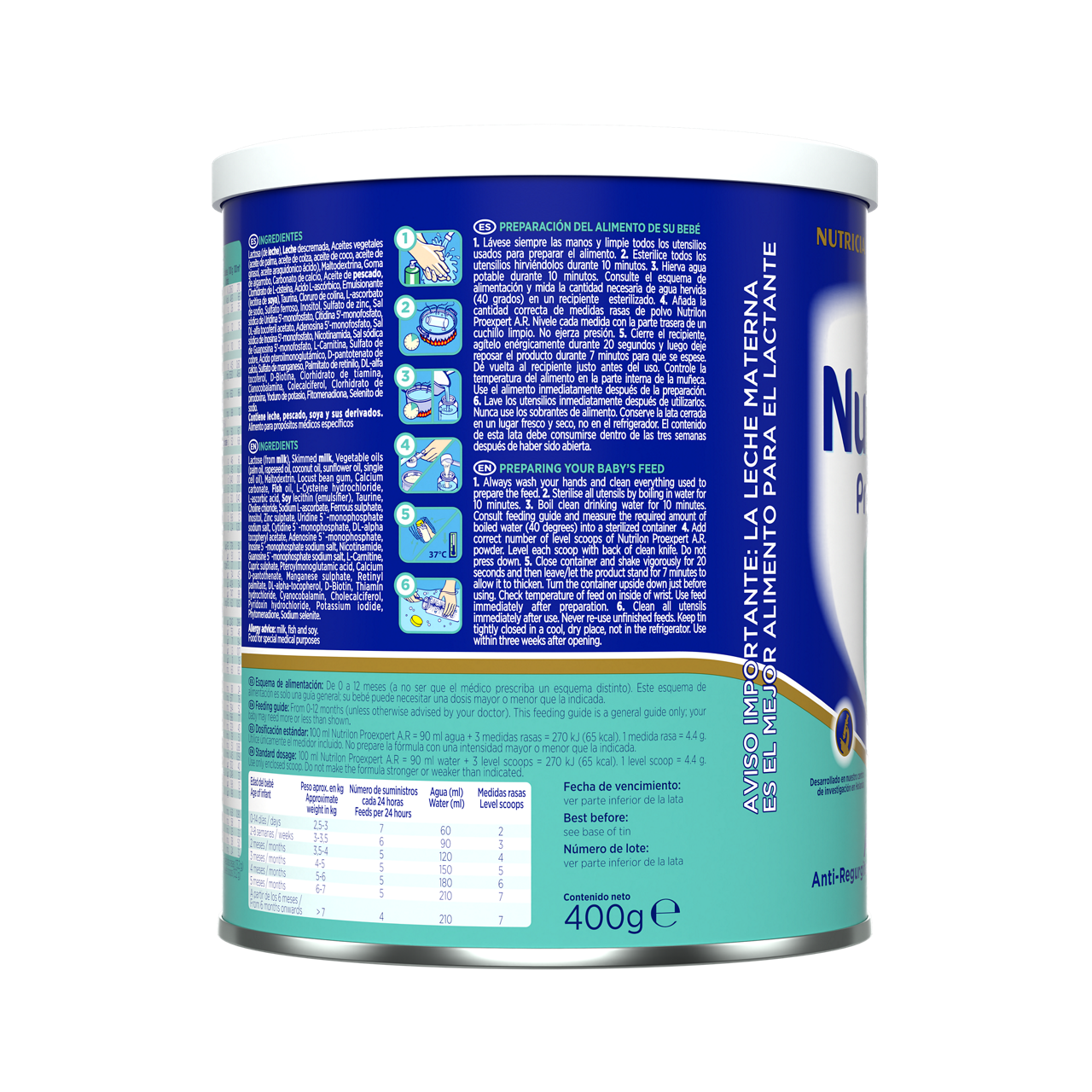 Nutrilon Proexpert AR fórmula antiregurgitación envase azul turquesa 400g recién nacido costado derecho