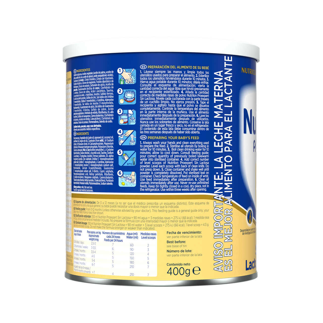 Nutrilon Proexpert Sin Lactosa fórmula deslactosada envase azul amarillo 400g recién nacido costado derecho – Nutricia Ecuador