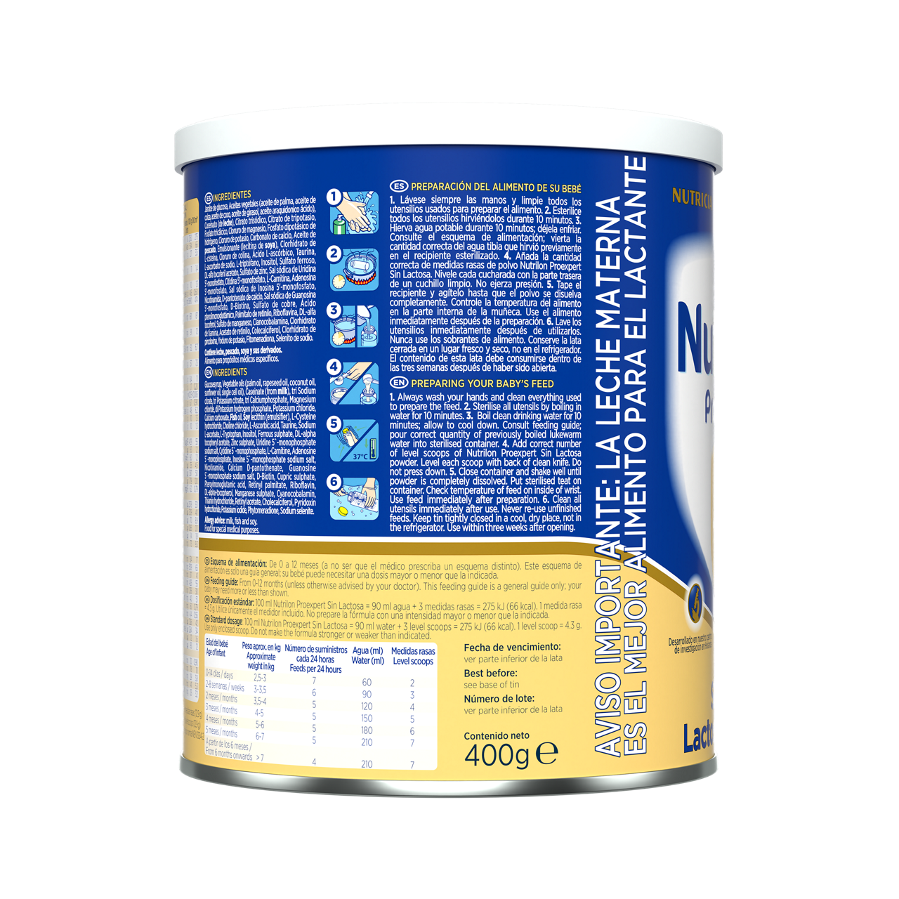 Nutrilon Proexpert Sin Lactosa fórmula deslactosada envase azul amarillo 400g recién nacido costado derecho