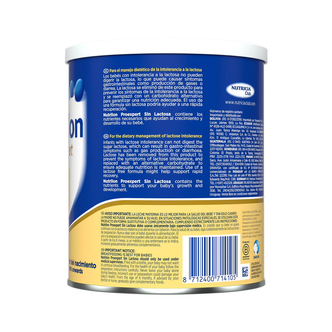 Nutrilon Proexpert Sin Lactosa fórmula polvo deslactosada envase azul amarillo 400g a partir del nacimiento costado izquierdo