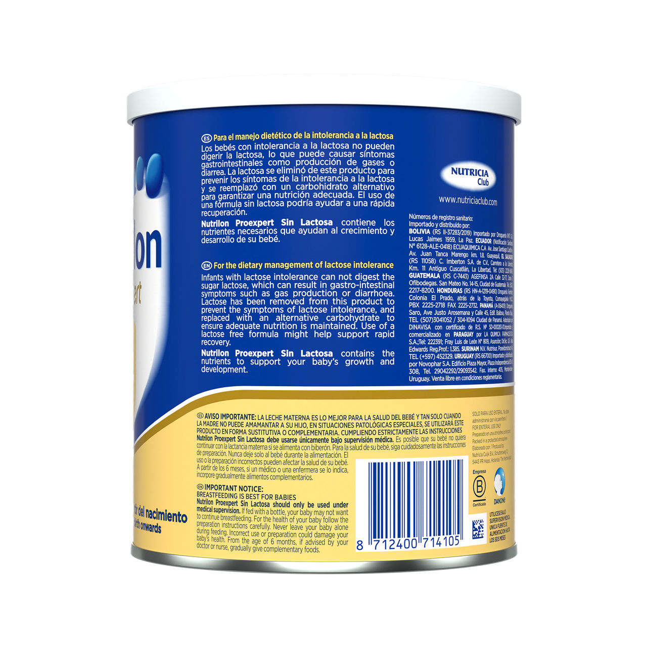 Nutrilon Proexpert Sin Lactosa fórmula polvo deslactosada envase azul amarillo 400g a partir del nacimiento costado izquierdo – Nutricia Ecuador