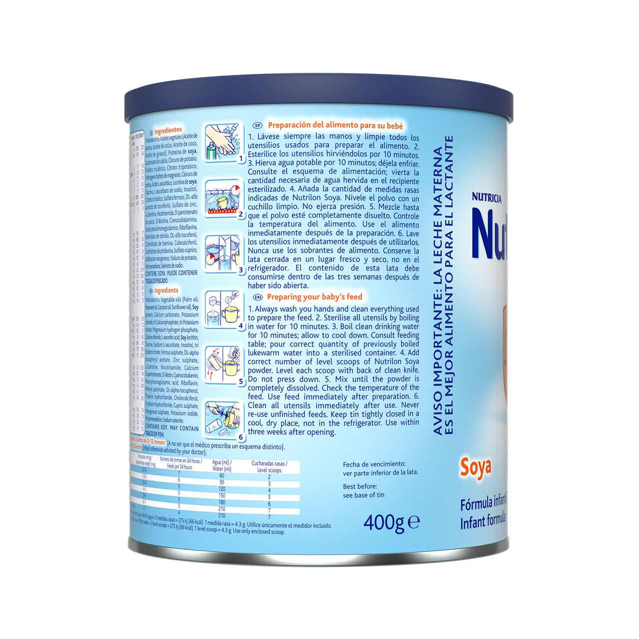 Nutrilon Soya fórmula polvo leche de soya bebés 0 a 6 meses bebés 1 año envase azul claro 400g costado derecho