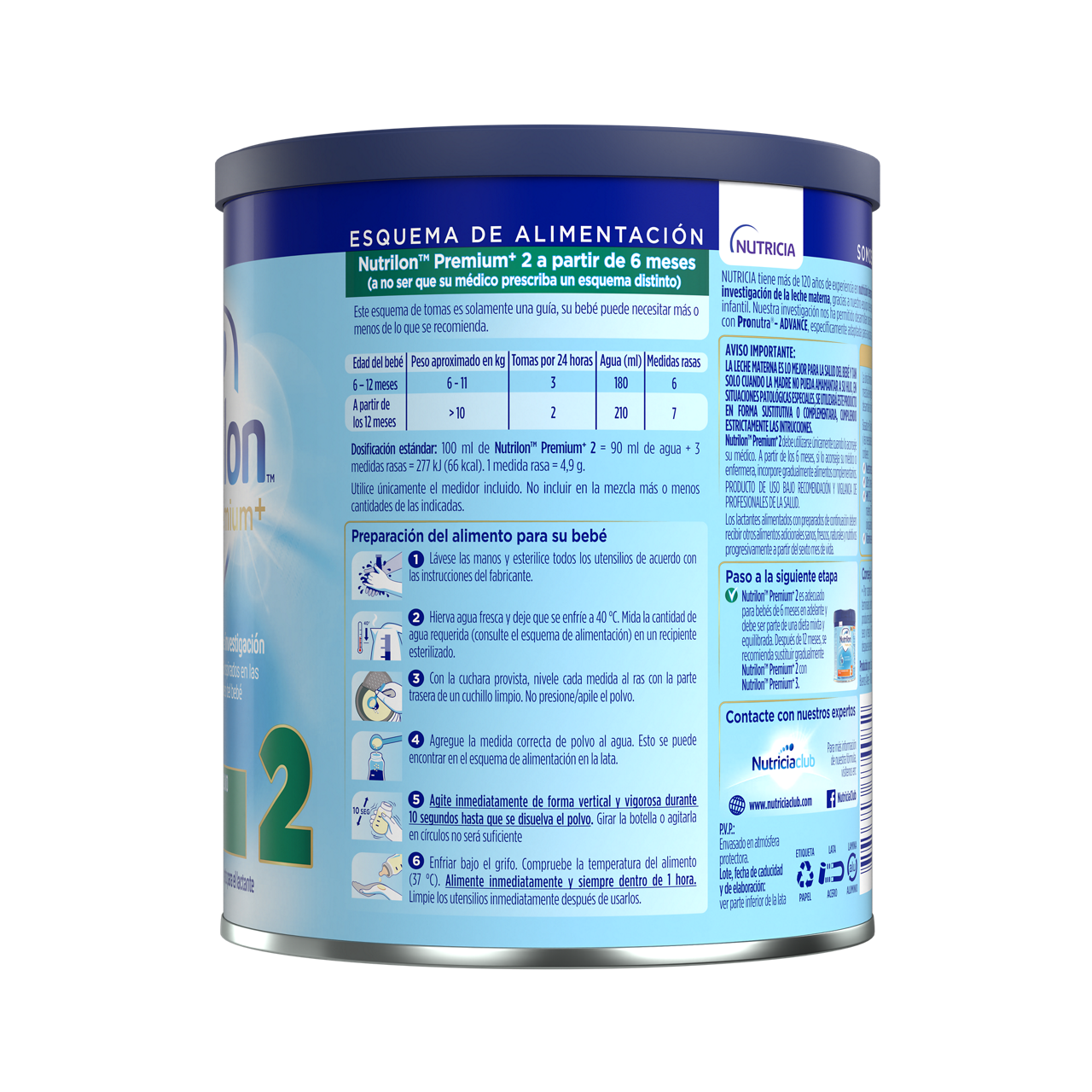 Nutrilon™  Premium + 2 fórmula de seguimiento polvo envase azul claro verde 400g para bebés a partir de 6 meses costado izquierdo - Nutriciaclub Paraguay