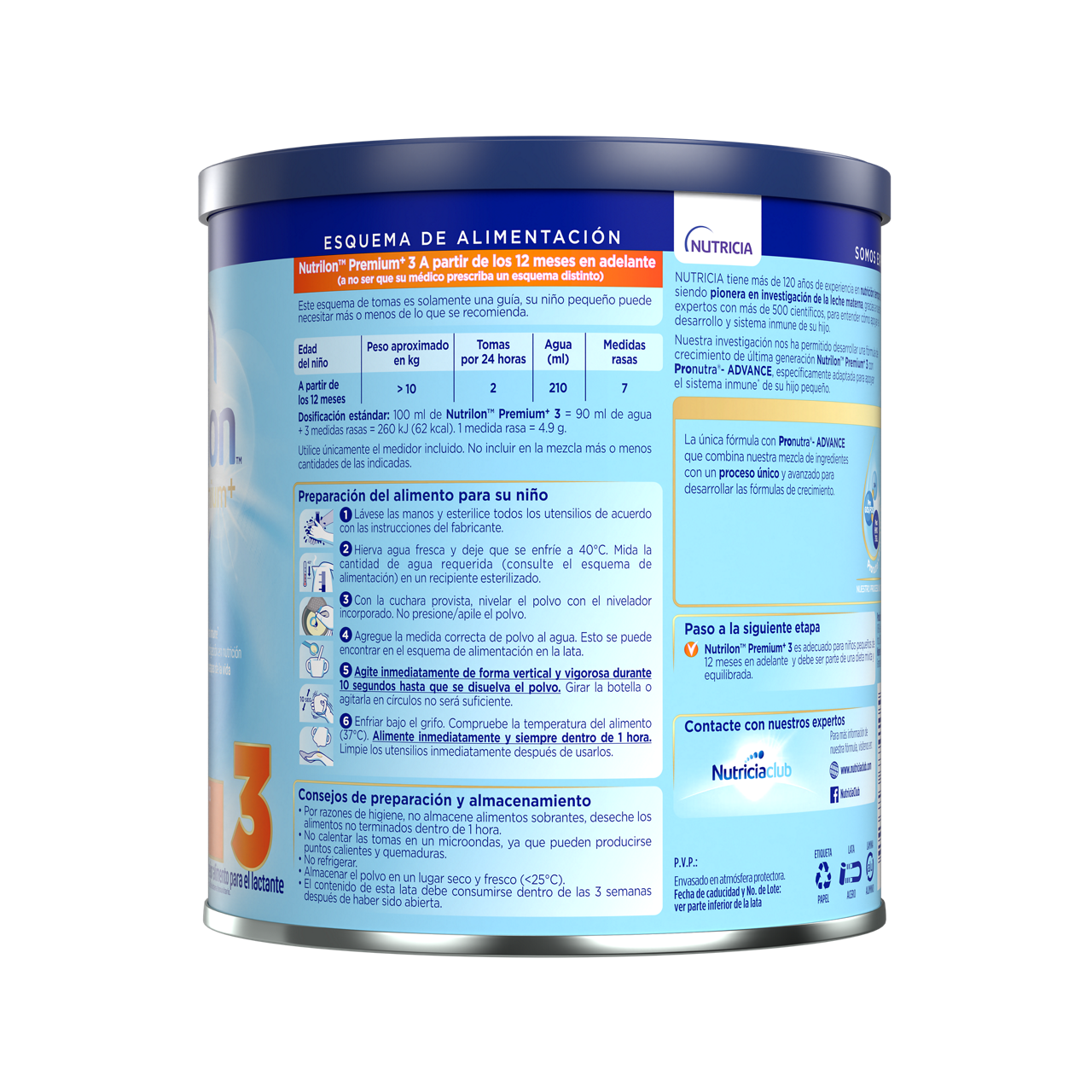 Nutrilon™  Premium + 3 fórmula crecimento polvo para niños pequeños a  partir de 12 meses envase azul claro naranja 800g costado izquierdo - Nutriciaclub Ecuador