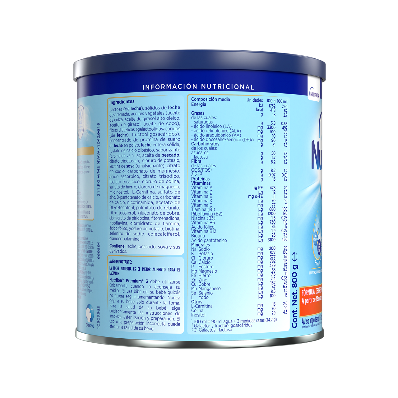 Nutrilon™  Premium + 3 fórmula crecimiento polvo etapa 3 para niños pequeños a partir de 12 meses  envase azul claro naranja 800g costado derecho - Nutriciaclub Ecuador