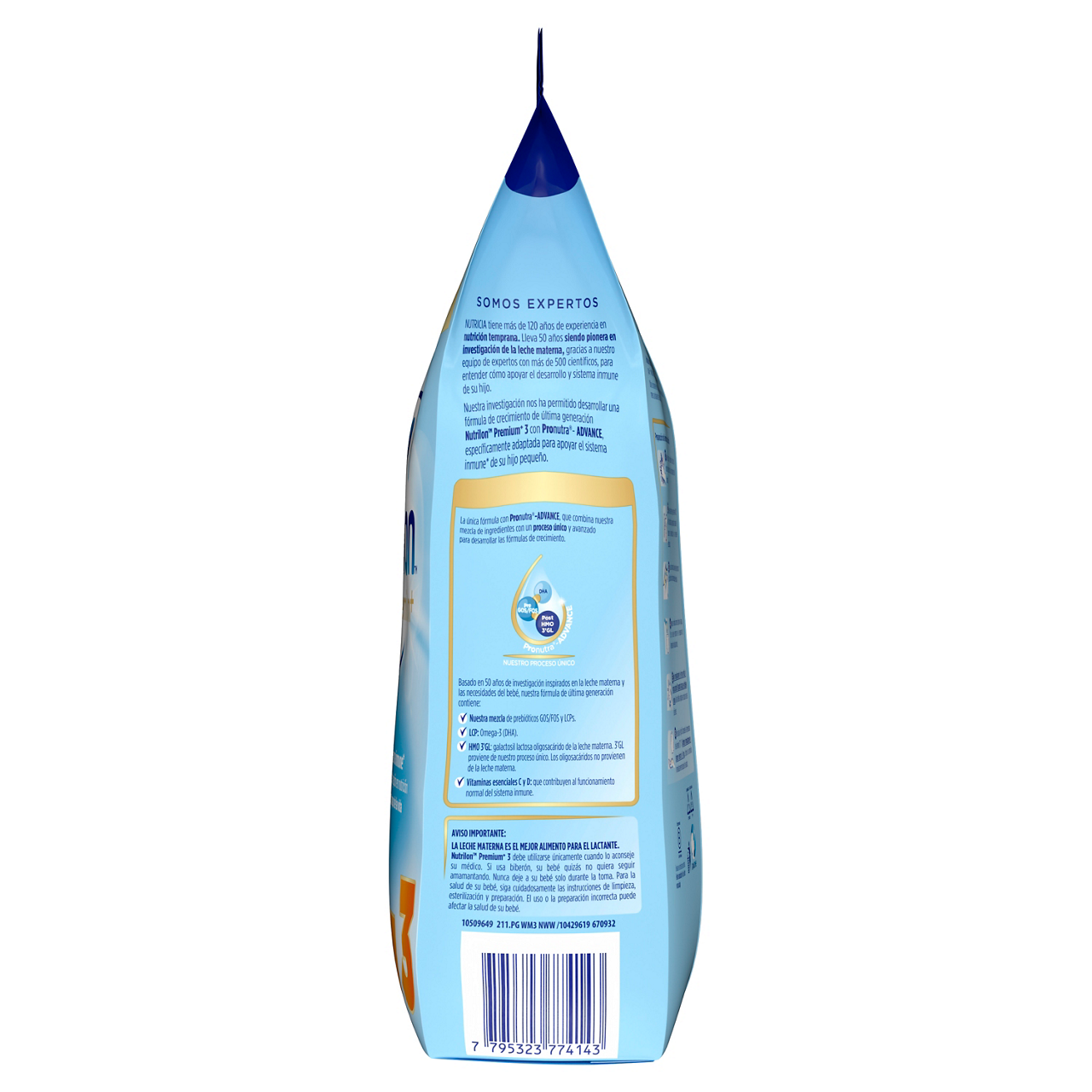 Nutrilon™ Premium + 3 fórmula crecimiento polvo etapa 3 para niños pequeños a partir de 12 meses  envase azul claro naranja bolsa 1200g costado derecho - Nutriciaclub Ecuador