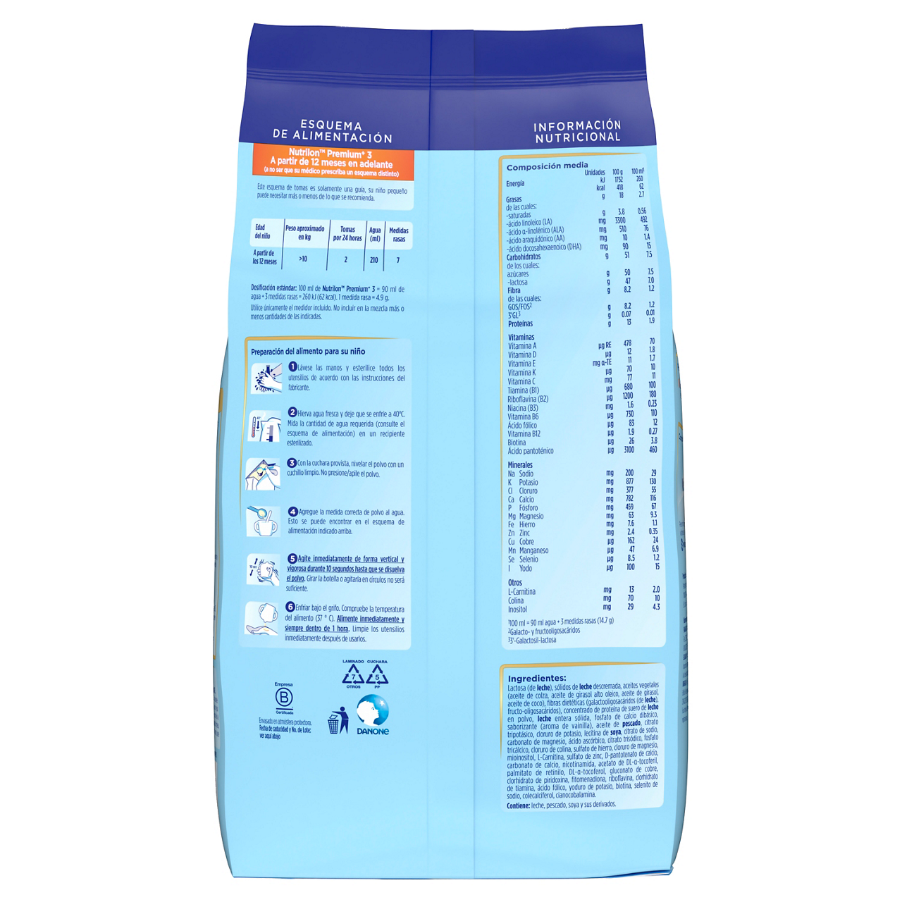 Nutrilon™ Premium + 3 fórmula crecimiento polvo etapa 3 para niños pequeños a partir de 12 meses bolsa azul claro naranja caja 1200g - Nutriciaclub Ecuador