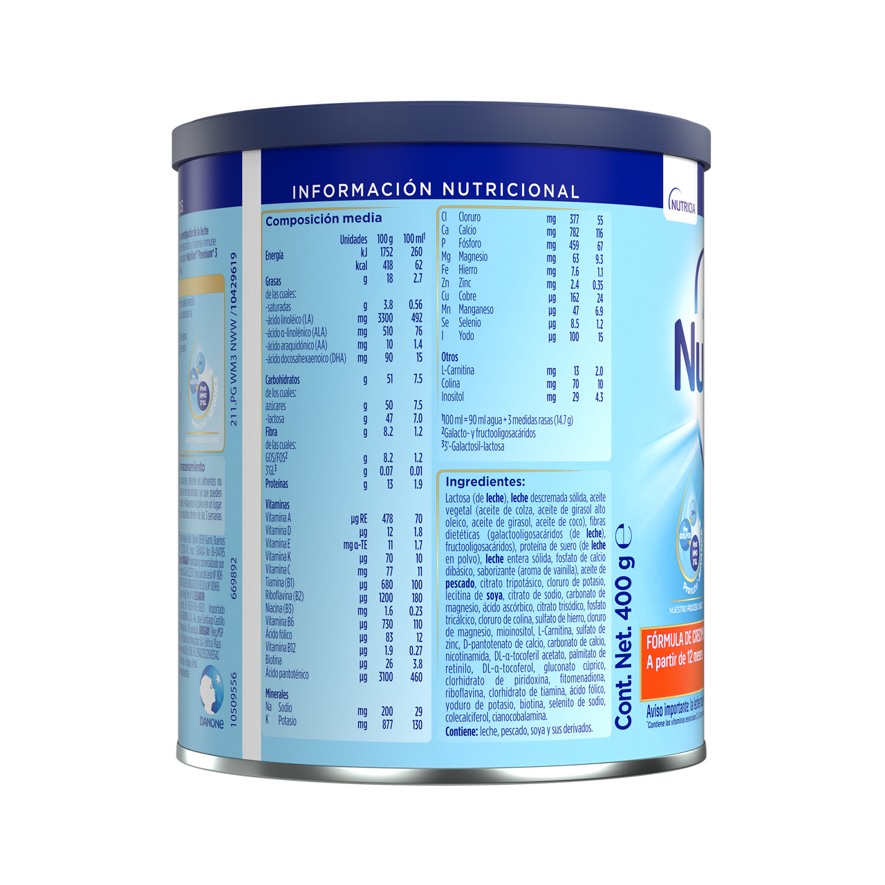 Nutrilon™ Premium+ 3 Pronutra®-ADVANCE, Fórmula infantil, Lata de 400 g - costado derecho