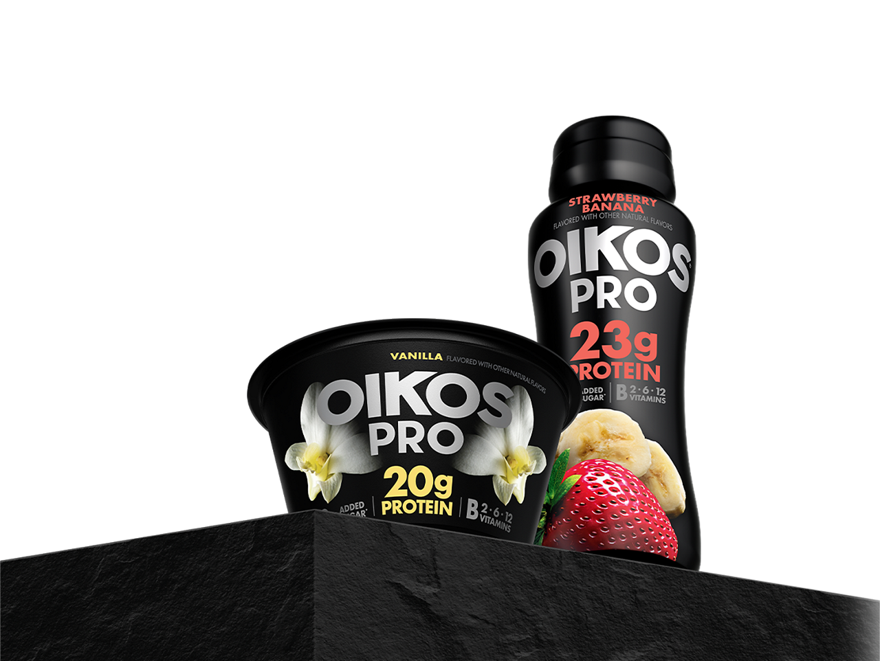 Two Oikos Pro products: a vanilla flavored yogurt cup and a strawberry banana drink