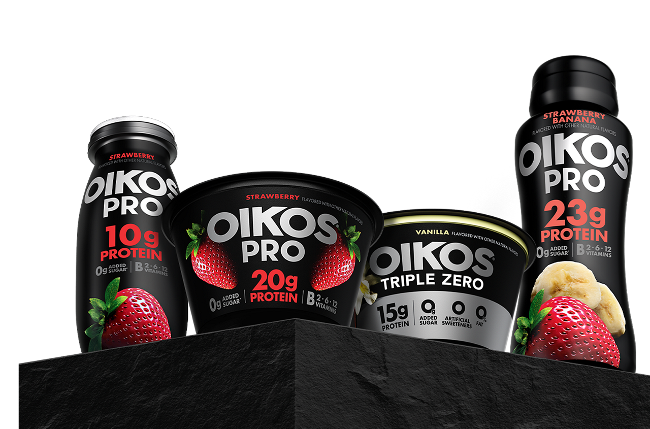 Oikos Pro and Triple zero products featuring yogurt cups and drinkable bottles