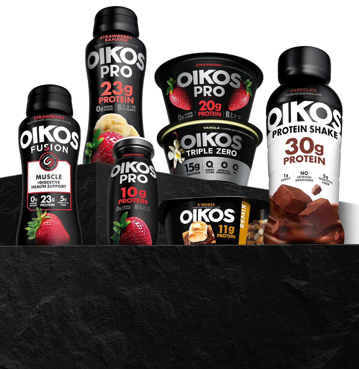 Oikos products with visible nutrition details, including shakes, cups, shots and fusion drinks