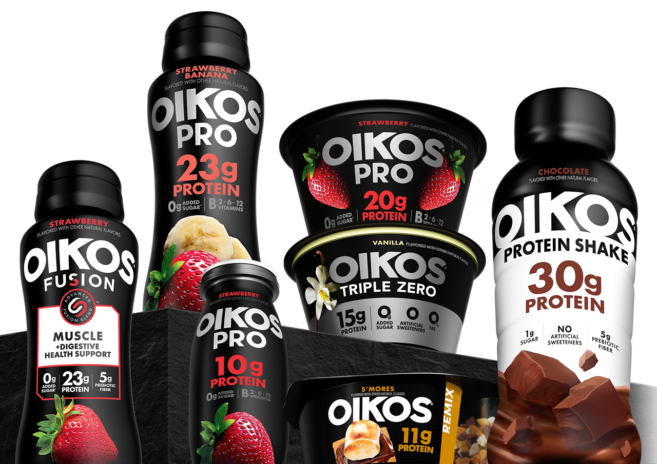 Oikos products with visible nutrition details, including shakes, cups, shots and fusion drinks