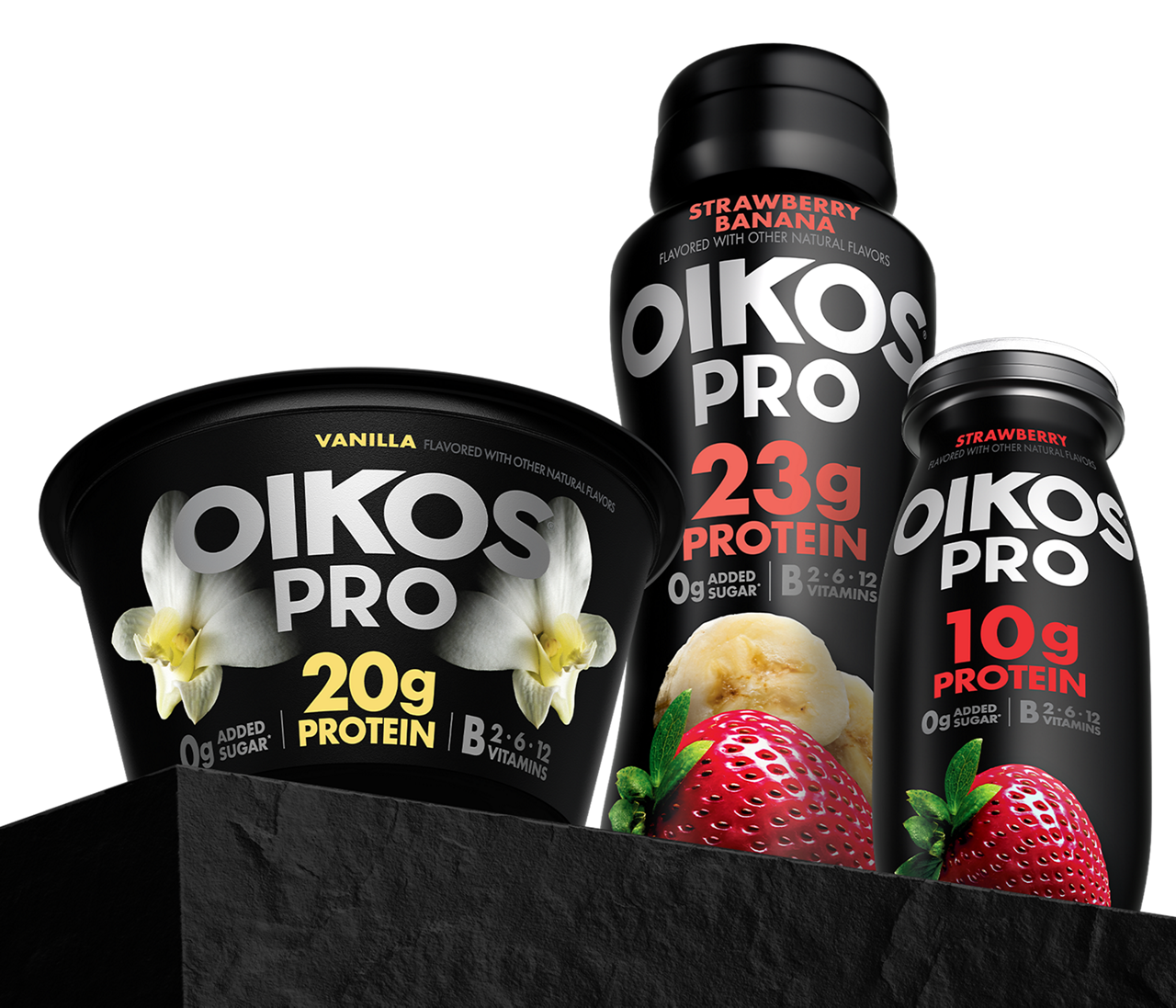 A trio of Oikos Pro products featuring yogurt and protein drinks. The vanilla yogurt contains 20g protein, while the strawberry banana drink offers 23g protein, and the strawberry yogurt provides 10g protein. All products are labeled with '0g added sugar' and prominently display their flavors and protein content.