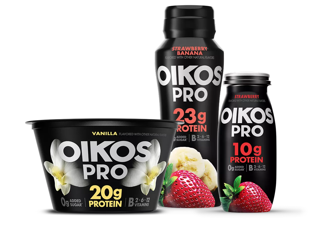 Oikos Pro cups, drinks and shots products in vanilla, strawberry banana and strawberry flavors