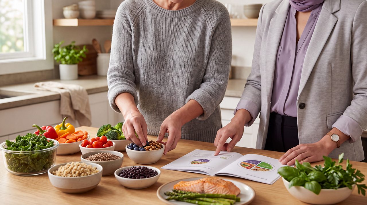 AI generated image of two women preparing a healthy lunch.