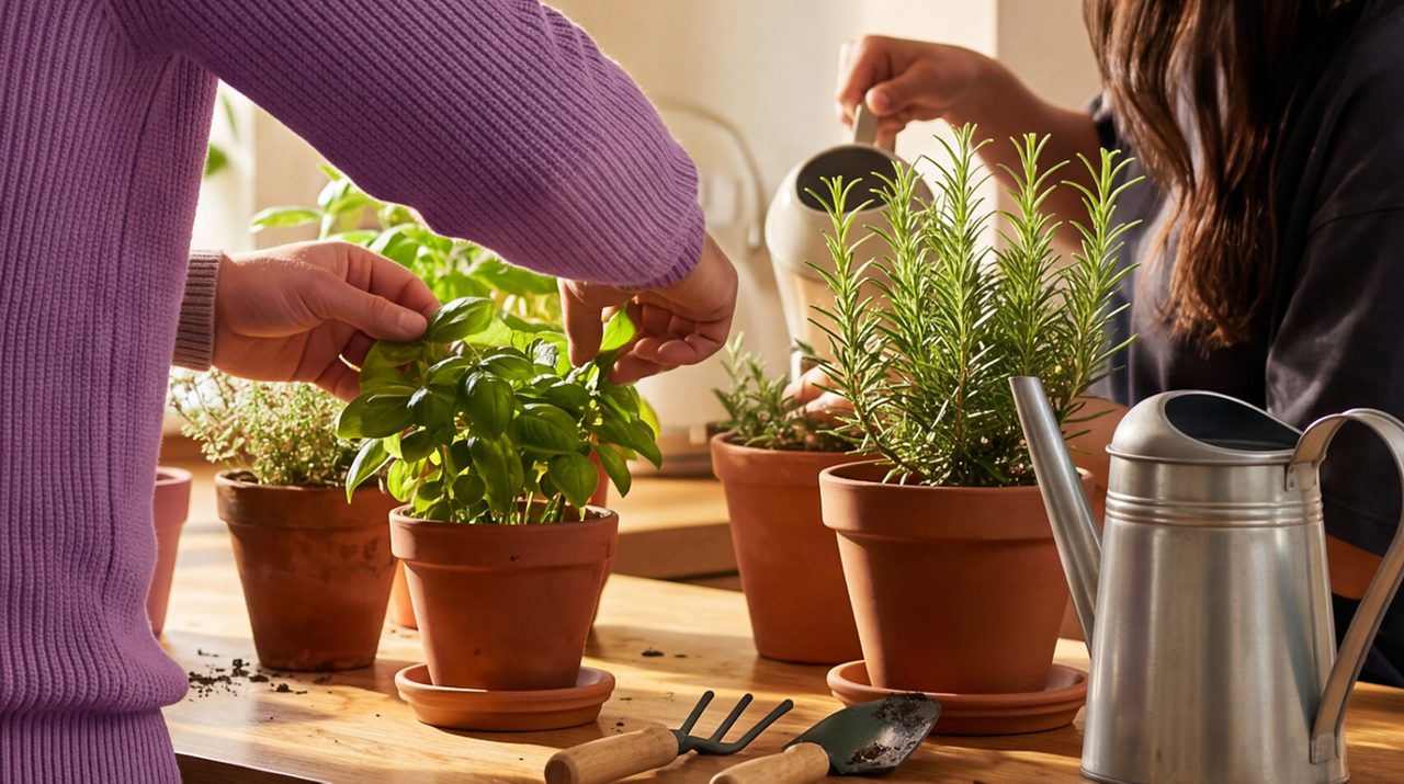 AI generated image of two females potting herbs.