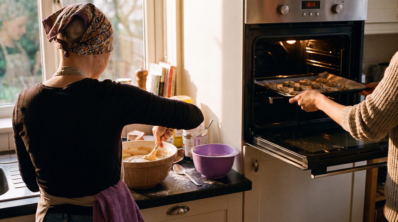 AI generated image of female cancer patient baking.