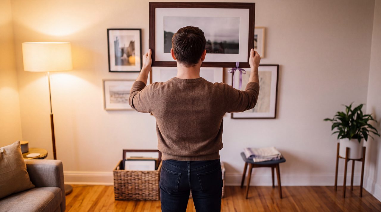 AI generated image of male looking at framed picture.