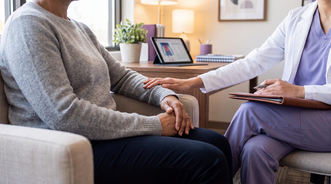 AI generated image of male being comforted by female doctor.