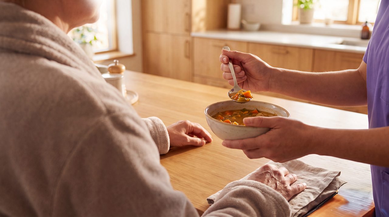 AI generated image of nurse feeding cancer patient soup.