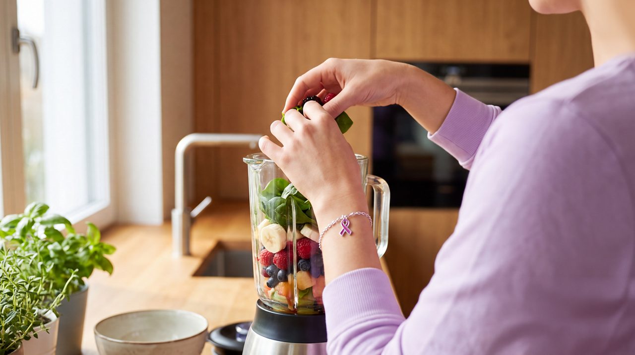 AI generated image of female making a fruit smoothie.