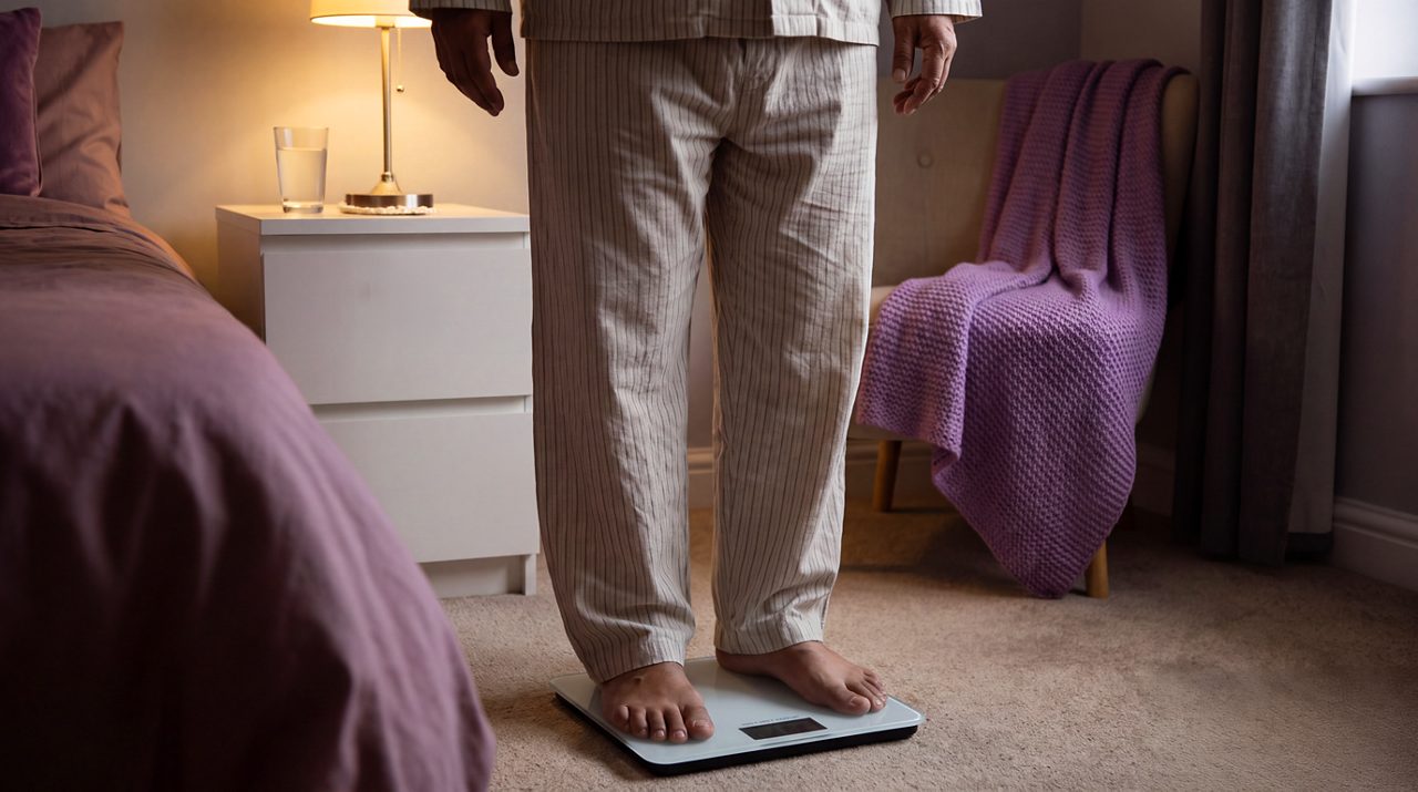 AI generated image of male on weight scales.