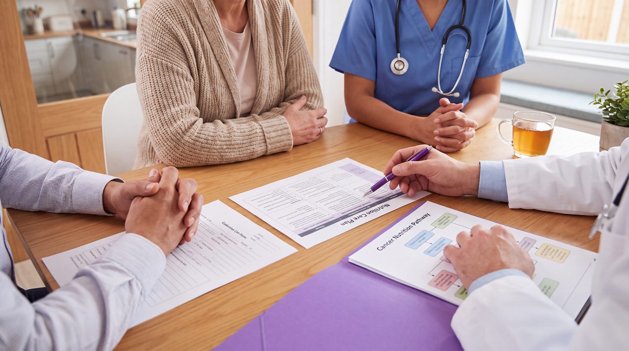 AI generated image of medical team discussing nutrition pathway with patient.