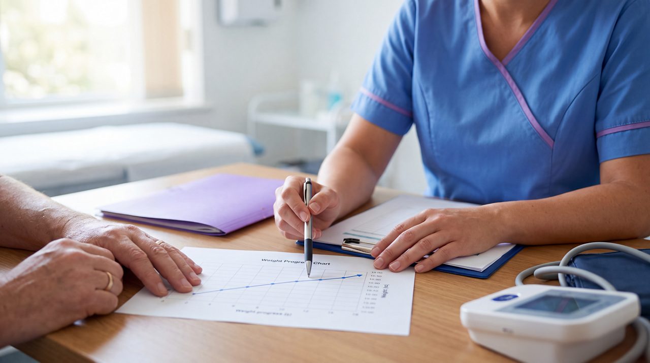 AI generated image of nurse showing weight chart to patient.