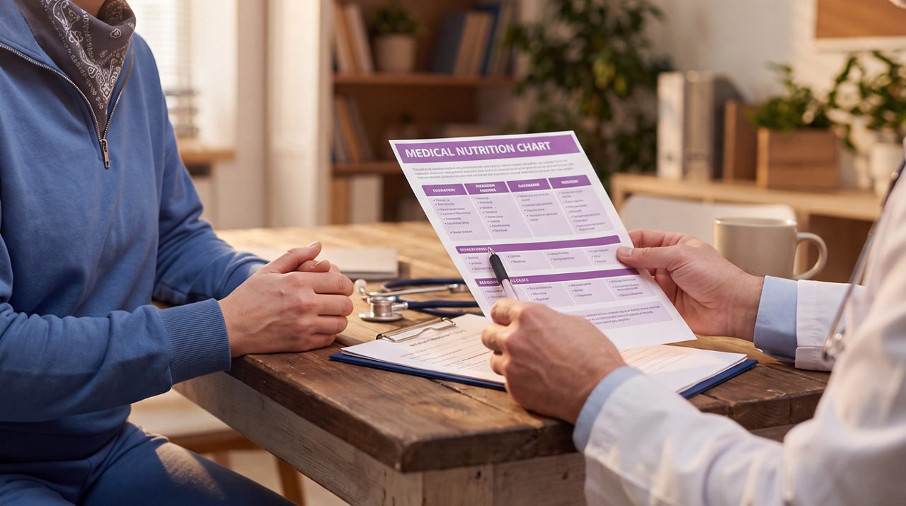 AI generated image of doctor and female cancer patient discussing medical nutrition plan.
