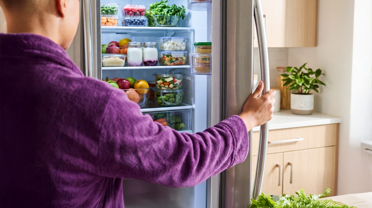 AI generated image of male cancer patient opening fridge door.