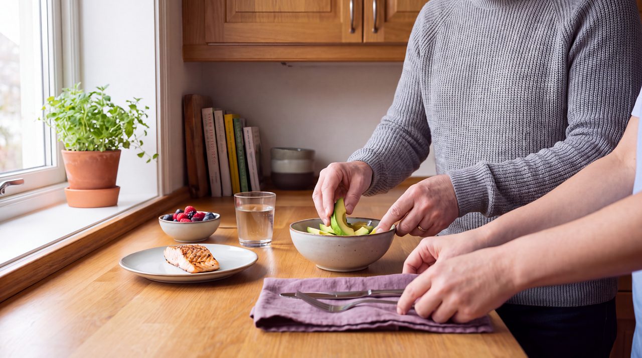 AI generated image of adults preparing a healthy lunch.