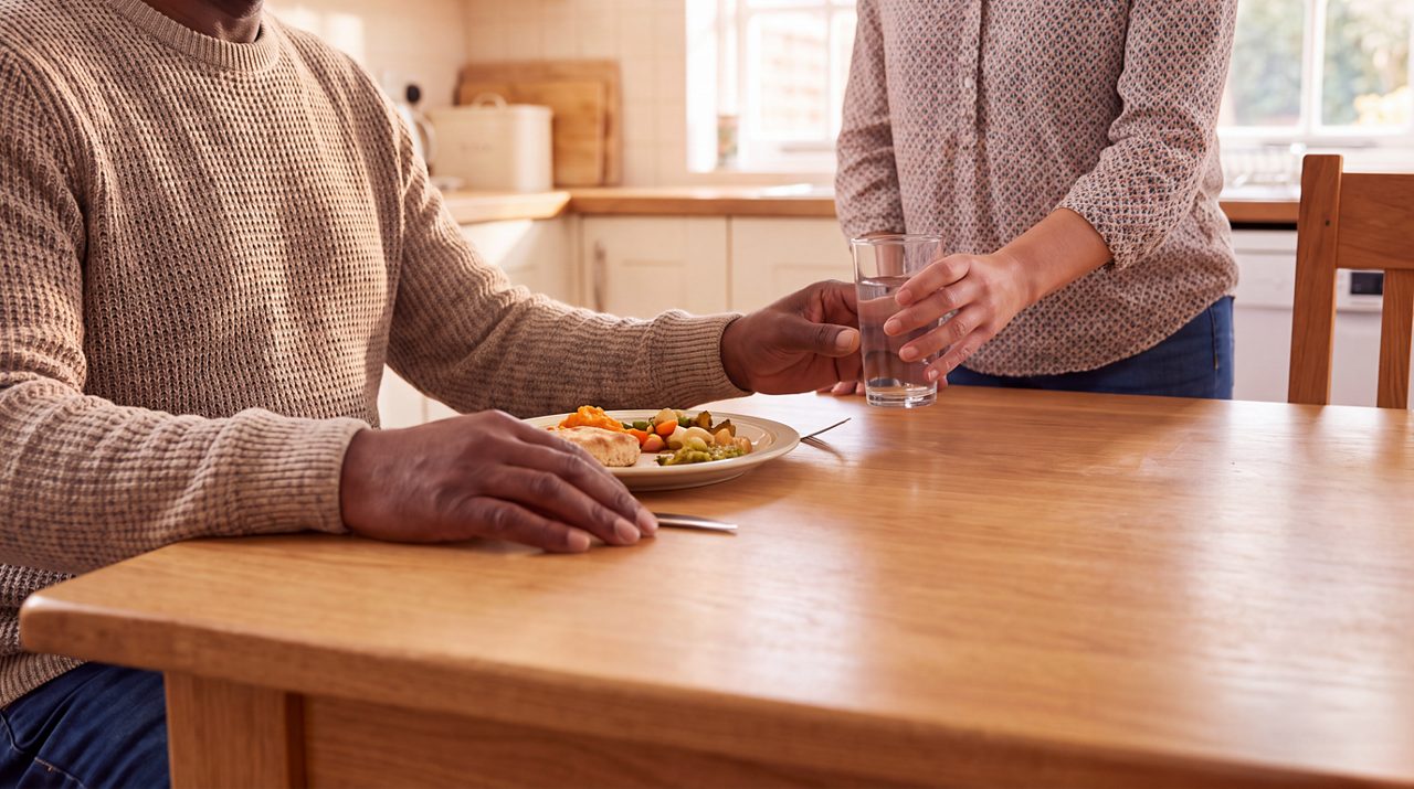AI generated image of male cancer patient and lunch.