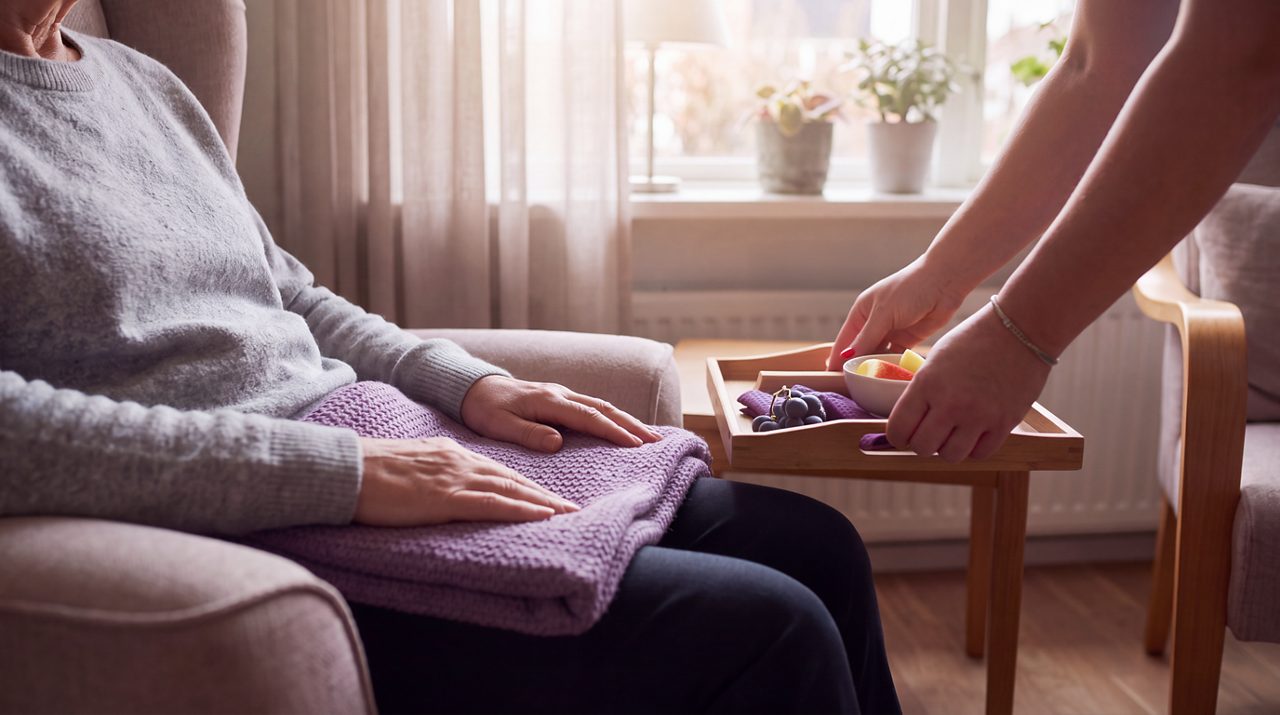 AI generated image of carer providing lunch for female cancer patient.