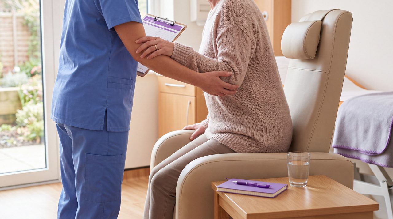 AI generated image of nurse helping female cancer patient to stand.