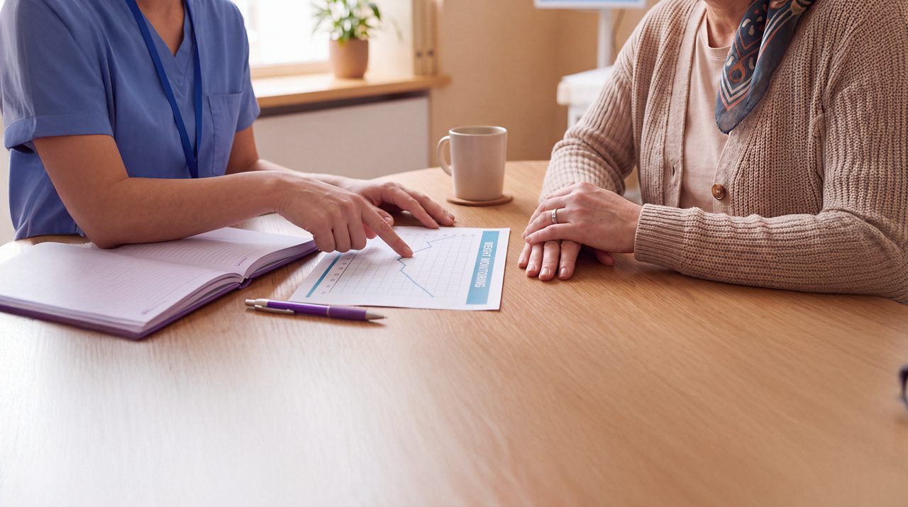 AI generated image of dietitian explaining weight monitoring to cancer patient.