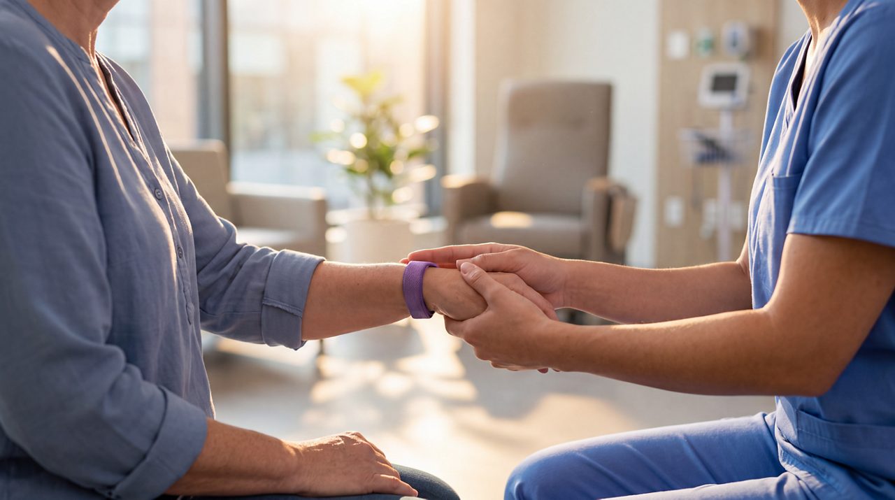 AI generated image of female nurse holding the hand of a female cancer patient.