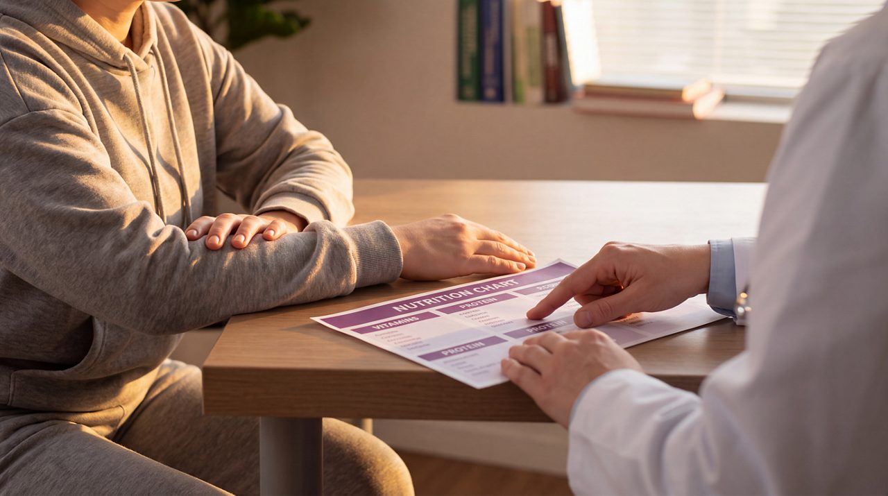 AI generated image of male doctor explaining nutrition chart to female cancer patient.