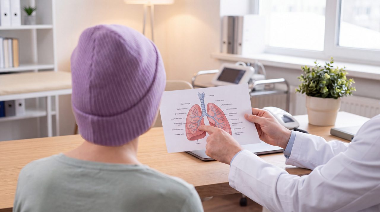 AI generated image of male doctor showing female cancer patient a diagram of the lungs.