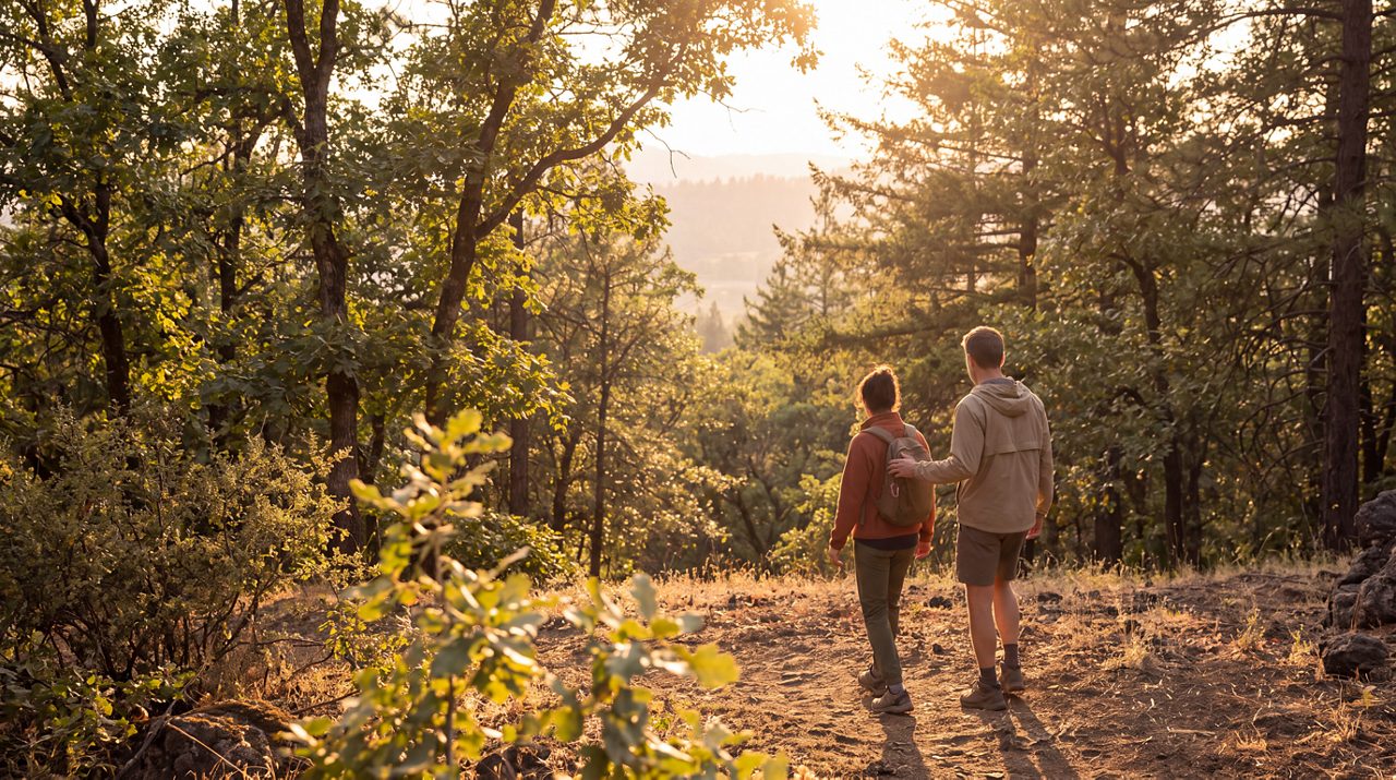 AI generated image of male and female on a hike in the woods.