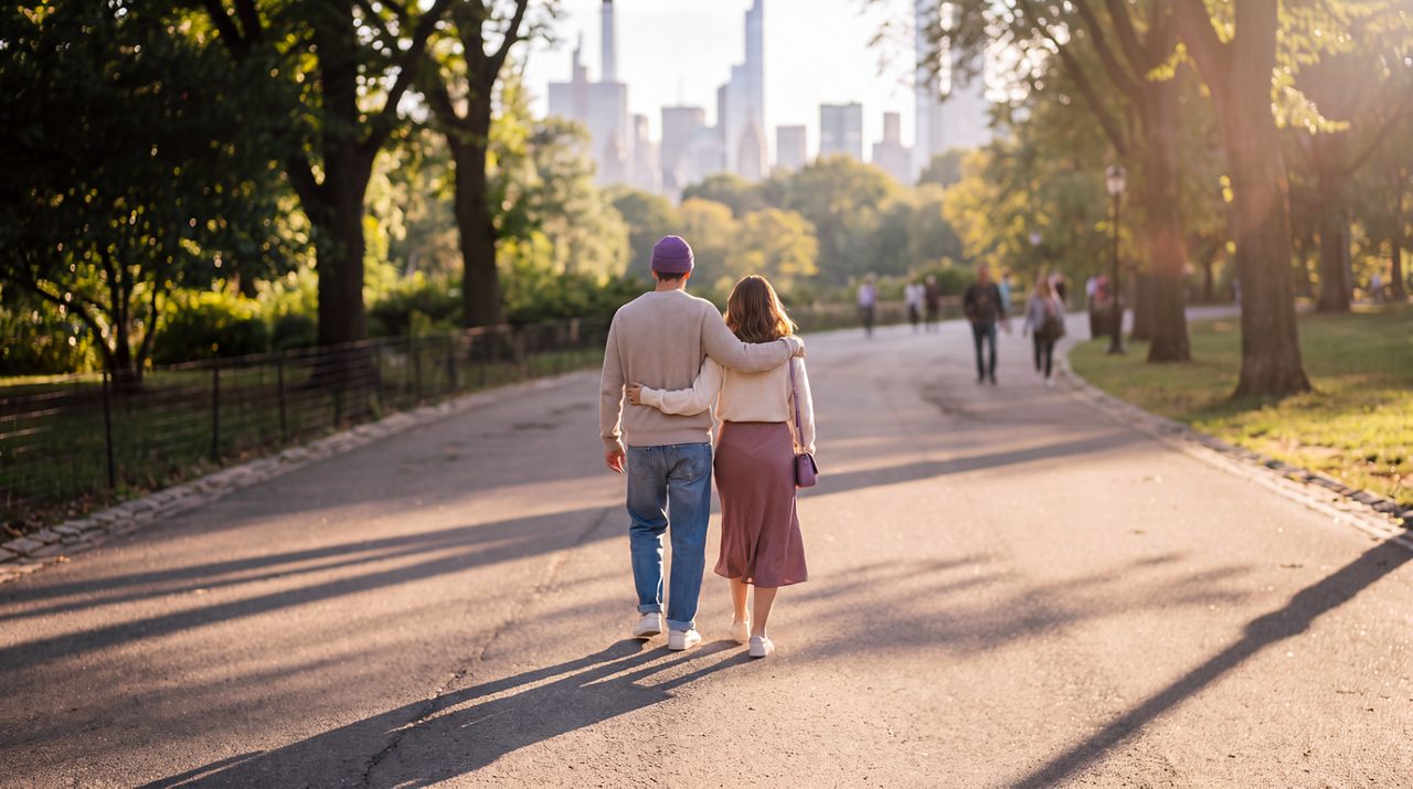 AI generated image of male cancer patient and female partner  strolling through the park.