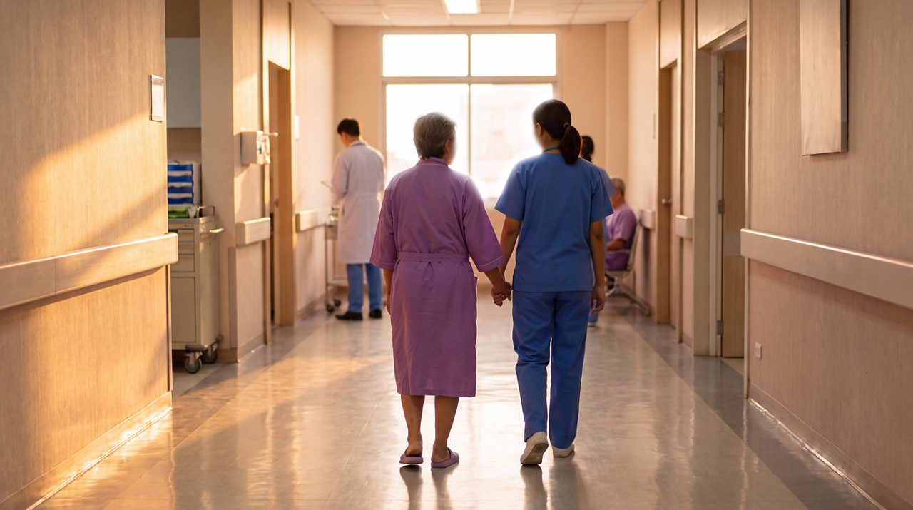 AI generated image of female cancer patient and nurse walking hand in hand down hospital corridor.