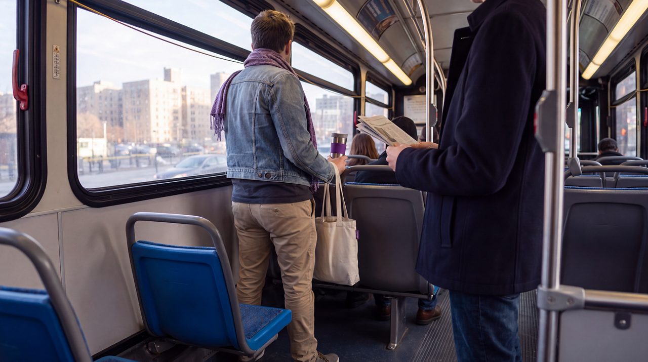 AI generated image of male standing  on bus holding drinks container. 