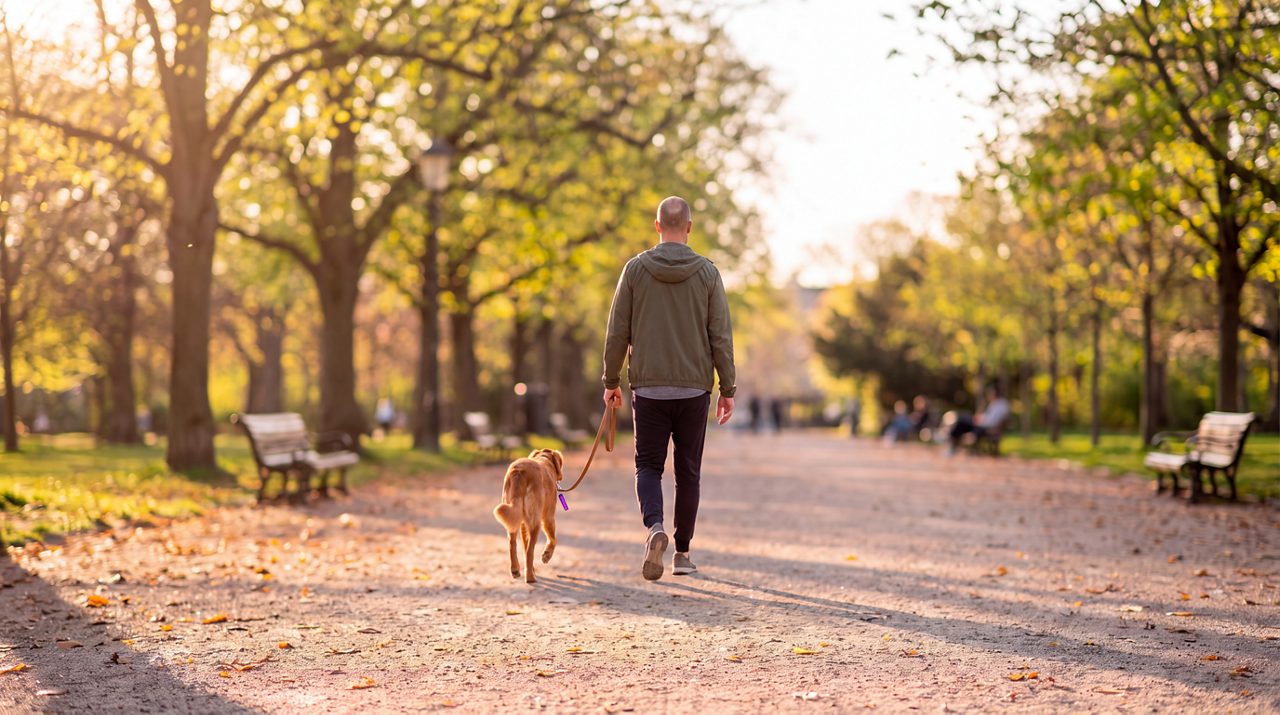 AI generated image of male walking dog in the park.