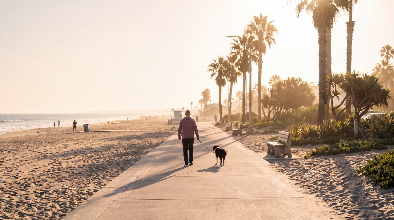 AI generated inage of male walking dog on a walkway next to the beach.