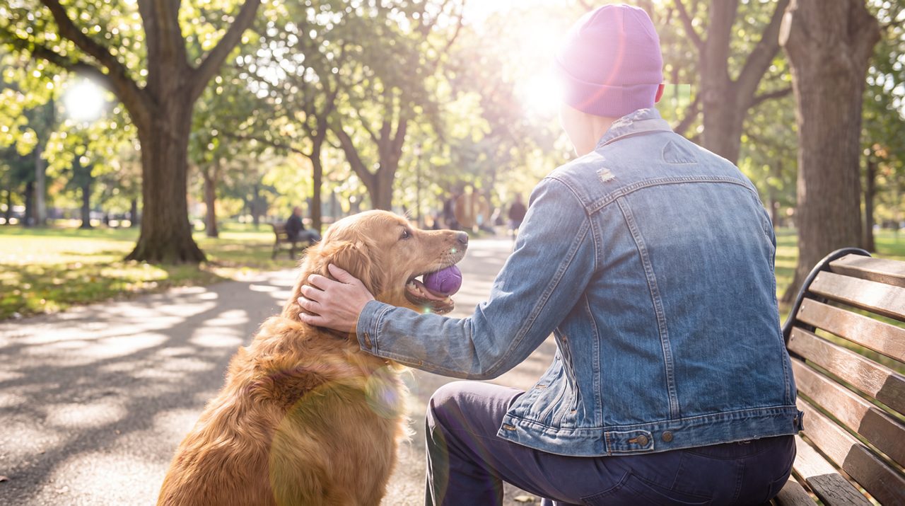 AI generated image of male cancer patient seated on park bench with dog.