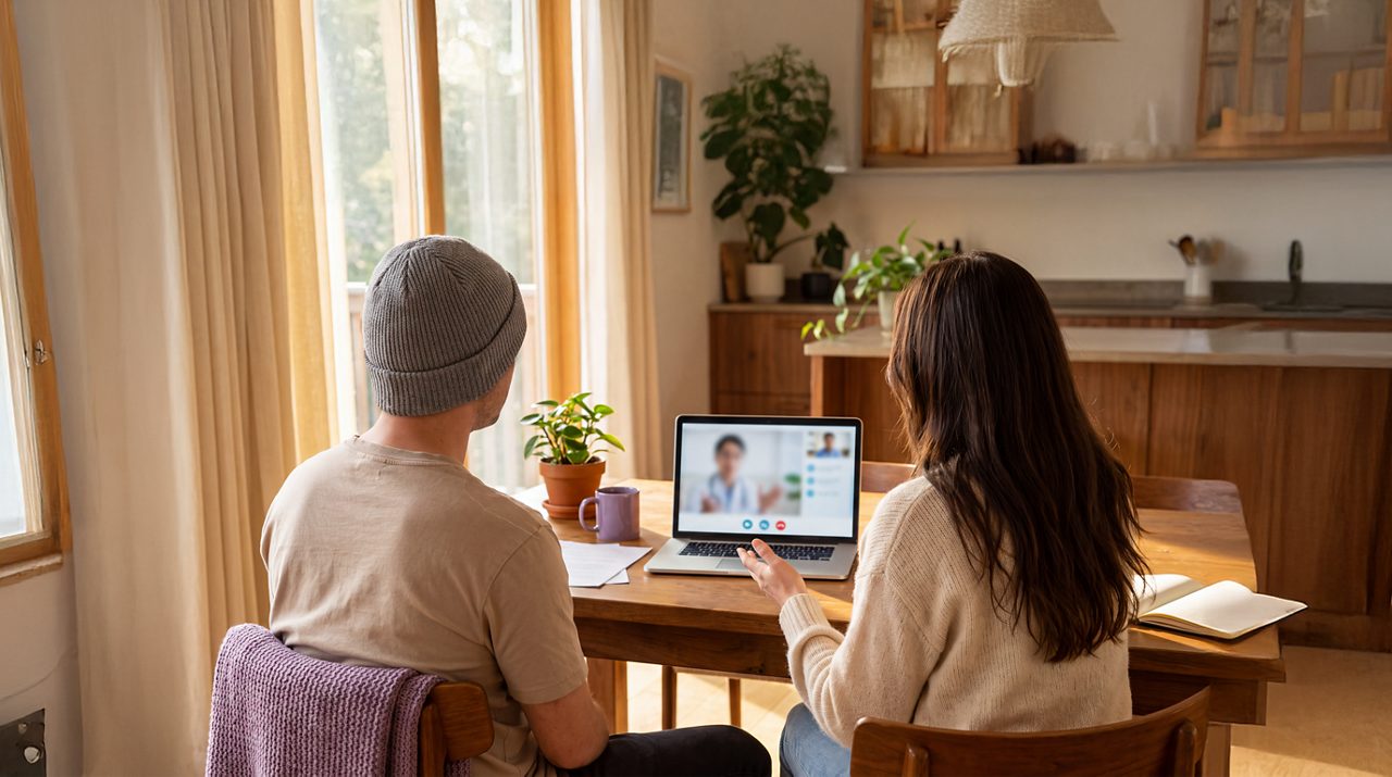 AI generated image of couple on Zoom call with doctor.