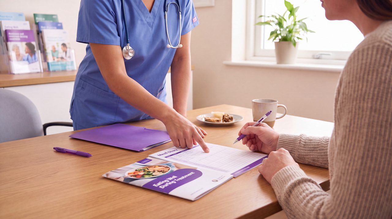 AI generated image of nurse explaining how to eat well during cancer treatment.