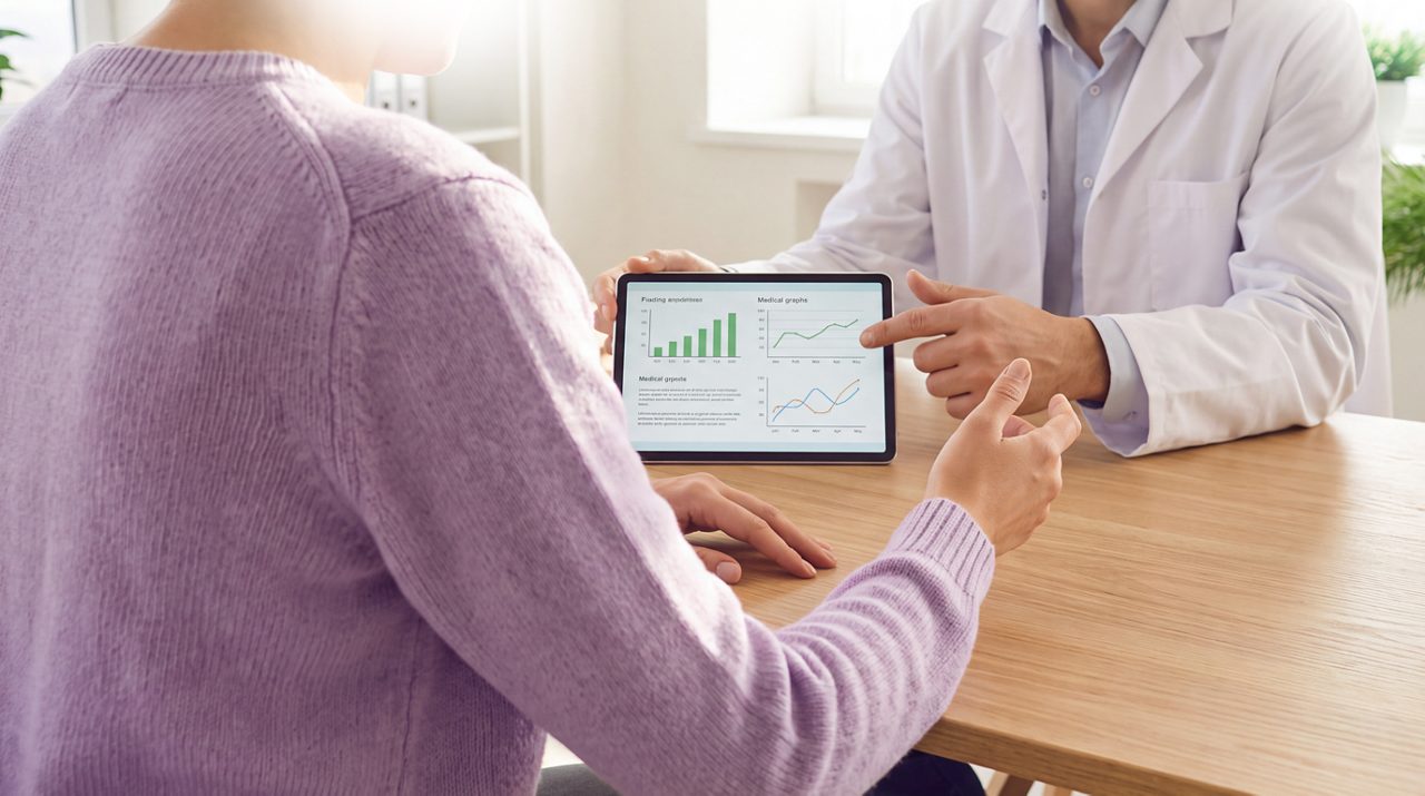AI generated image of male doctor showing results to female cancer patient.